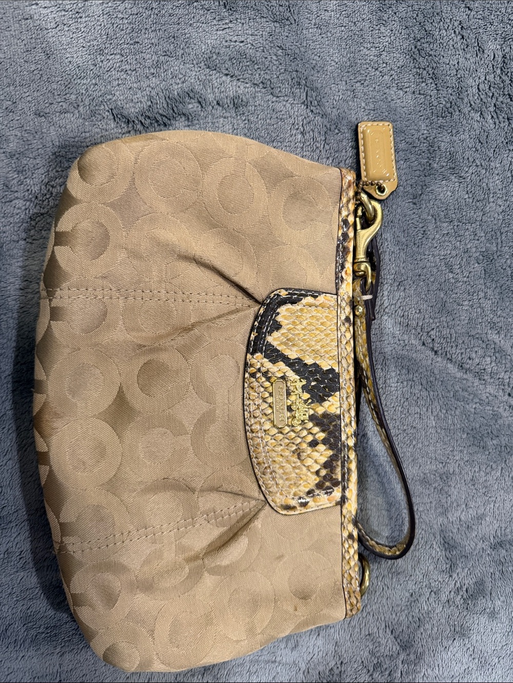 Coach Beige Signature Wristlet with Yellow Snake Accent